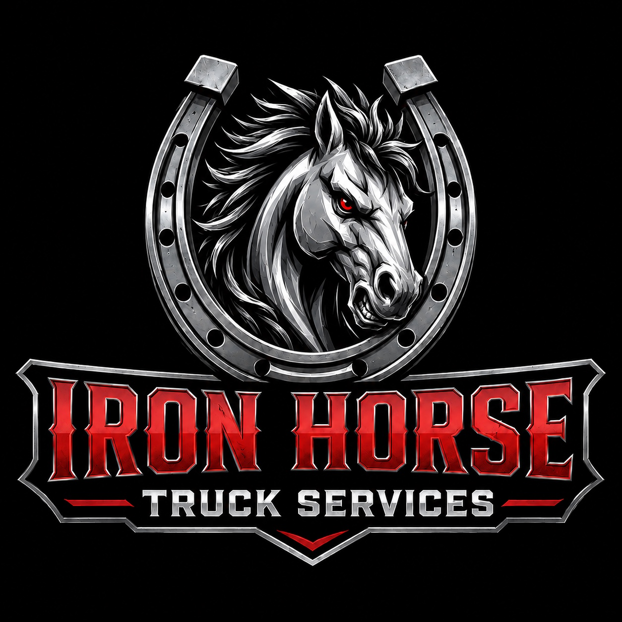 Iron Horse Truck Services — silver horse and horseshoe with red lettering